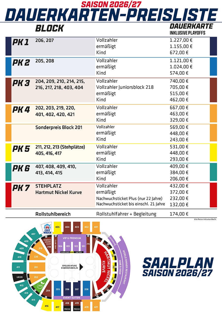 Preisliste Dauerkarten inklusive Playoffs